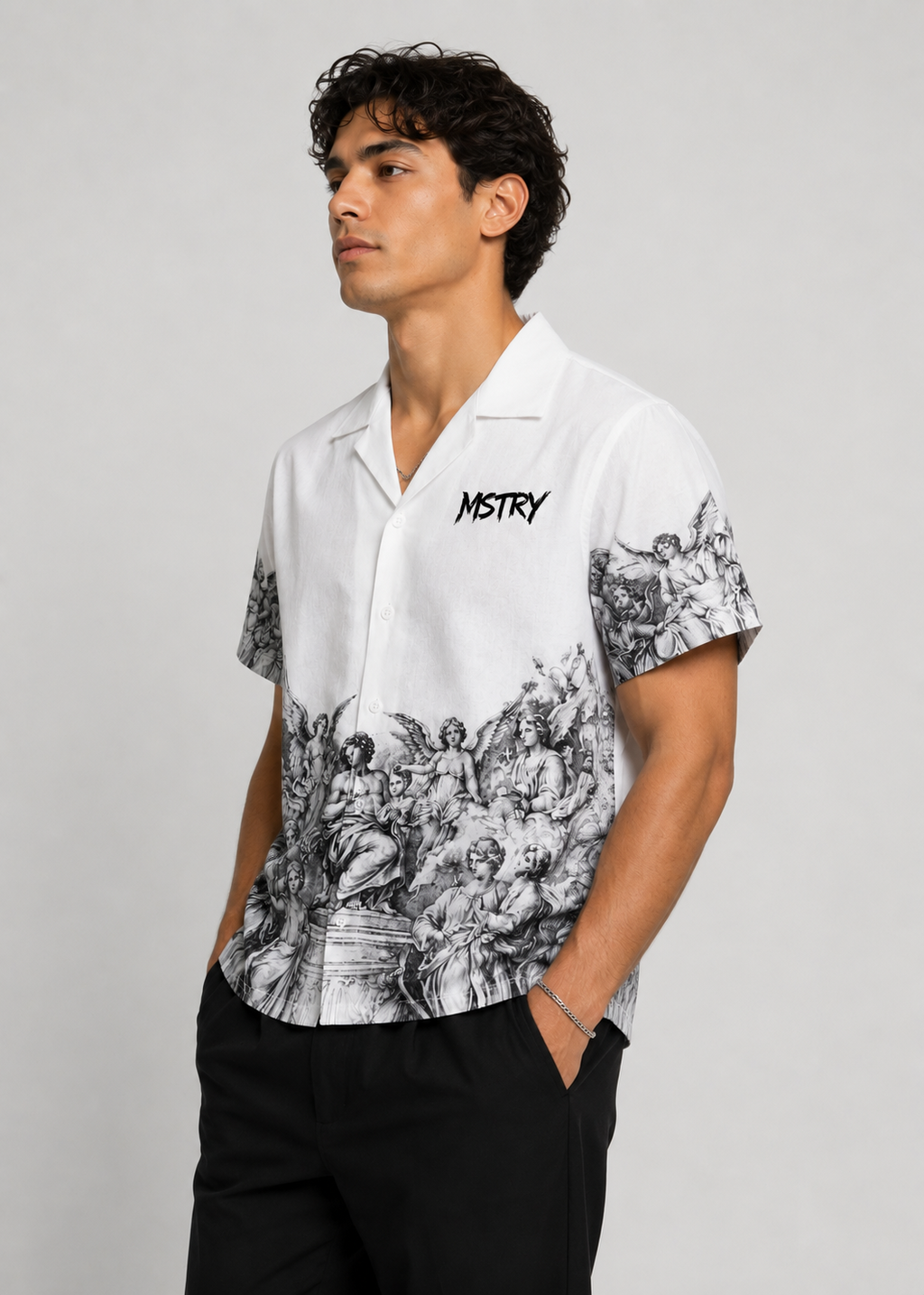 MSTRY Cuban Collar Shirt model front angle
