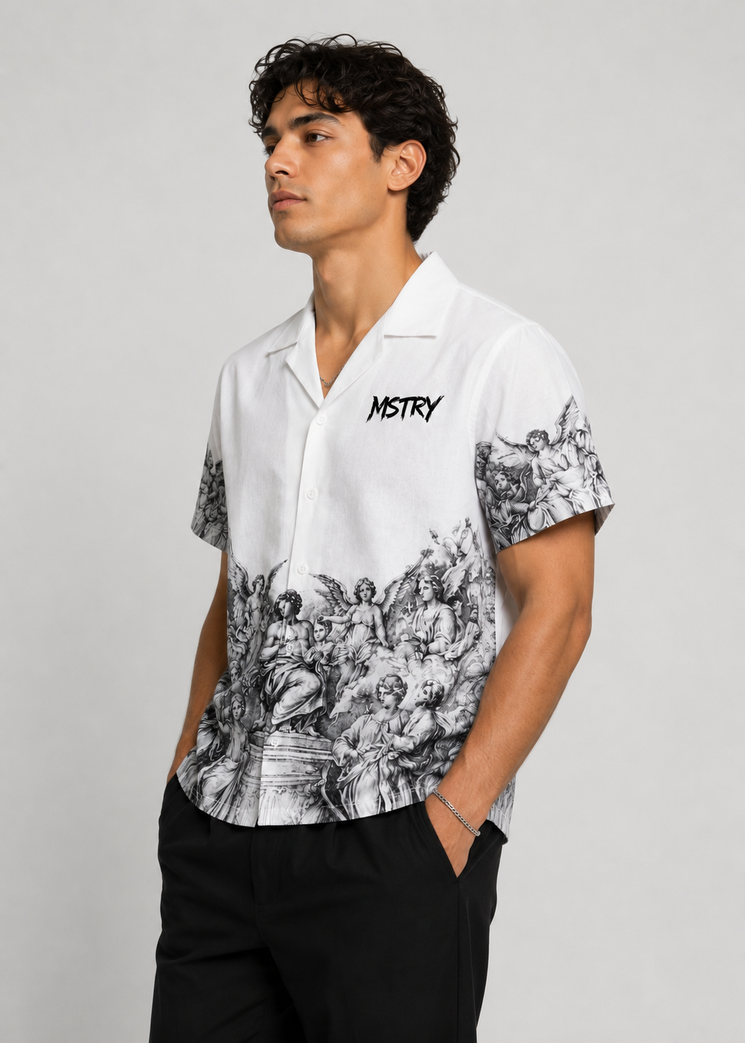 MSTRY Cuban Collar Shirt model front angle