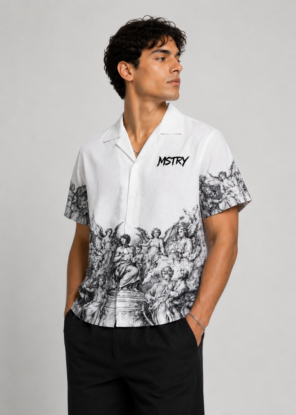 MSTRY Cuban Collar Shirt model side angle