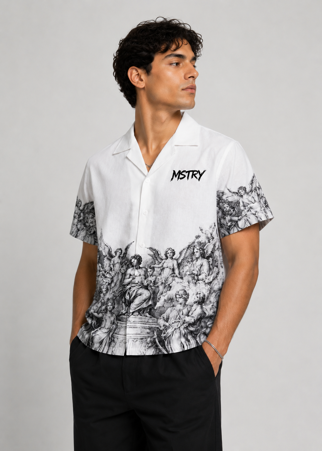 MSTRY Cuban Collar Shirt model side angle