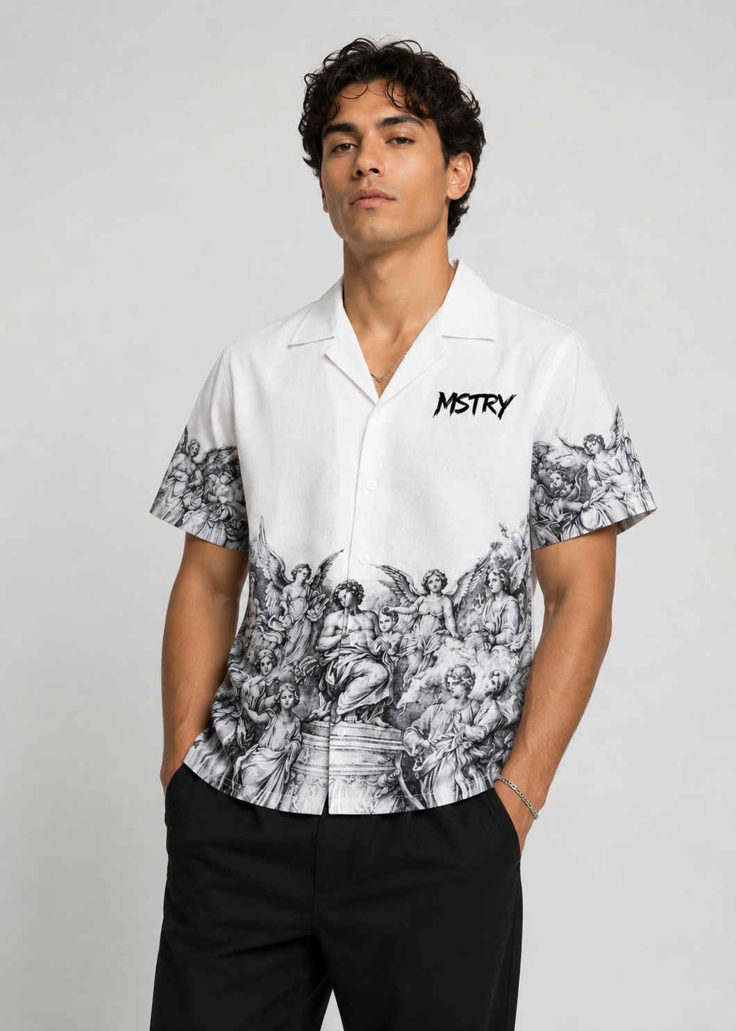 MSTRY Cuban Collar Shirt model front
